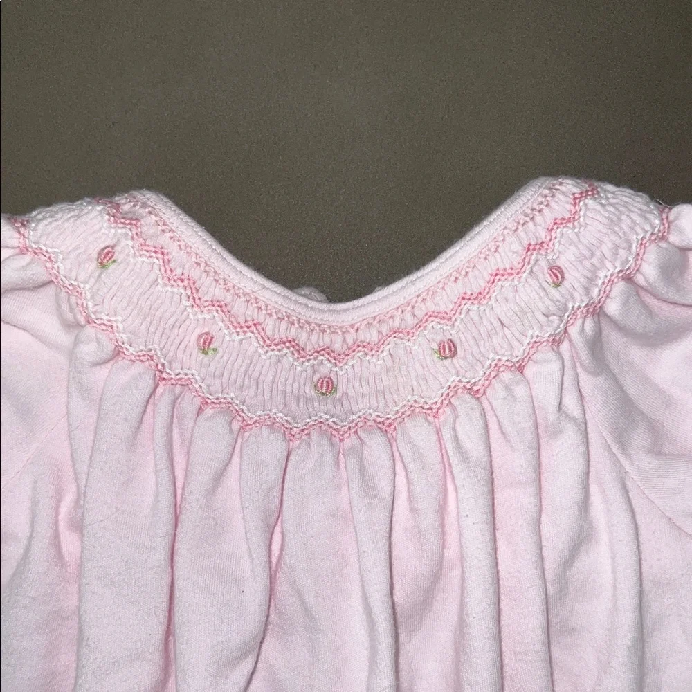 Pink Baby Bubble Romper with Smocked Detail and Embroidered Flowers - Picture 2 of 5